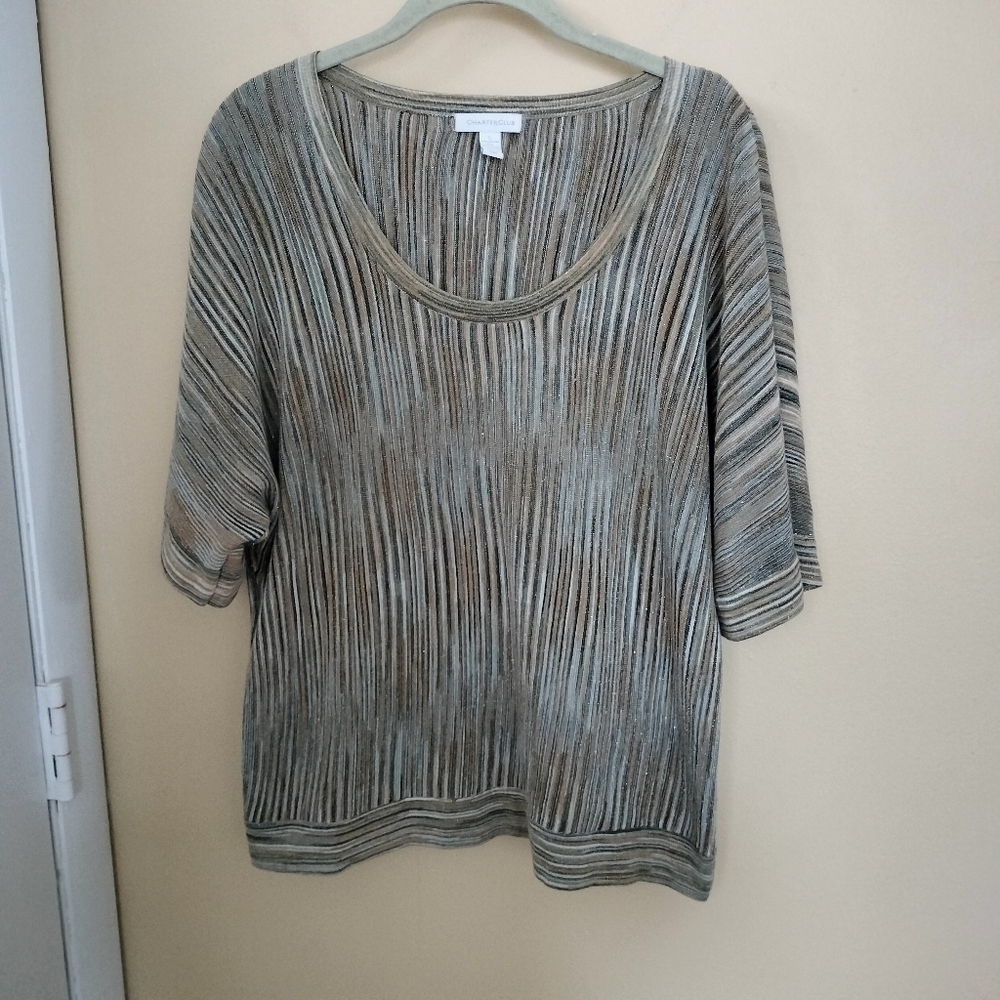 Charter Club Cotton Blend Tan Beige Metallic Striped Knit Top Shirt L Office